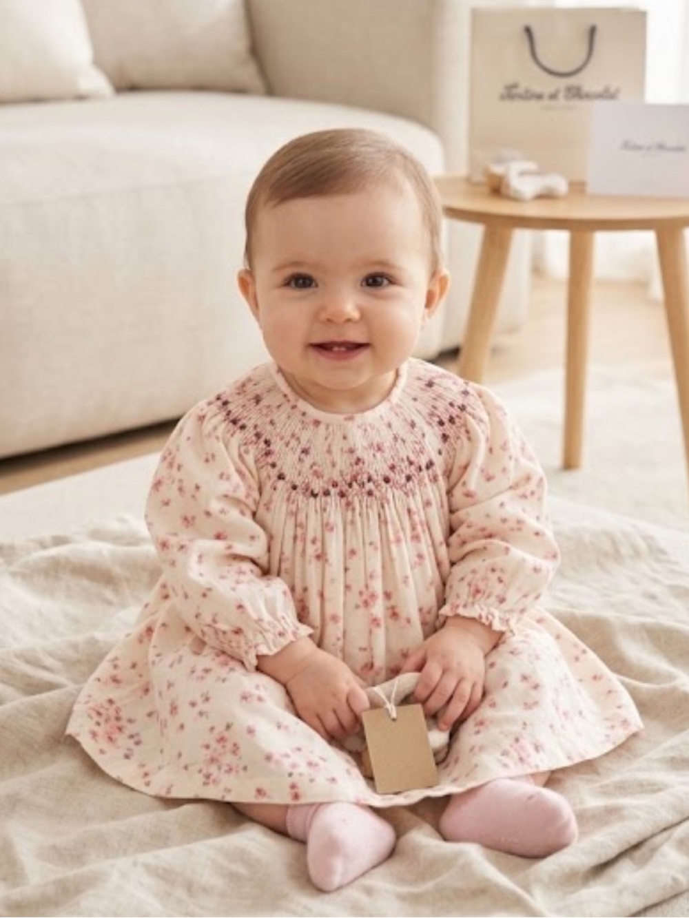 Tartine et Chocolat Cream Dress with Pink Floral Smocking